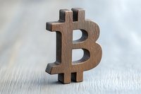 Wooden Bitcoin symbol standing on textured white surface with soft blur background, cryptocurrency concept for financial presentations and design.