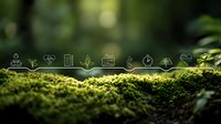 Eco-friendly sustainability icons displayed on transparent bar over lush green moss in forest setting, representing environmental conservation concepts.