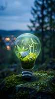 Light bulb with miniature renewable energy scene featuring solar panels and wind turbines surrounded by green plants on moss-covered rock at dusk.