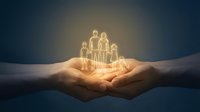 Protective hands holding glowing family silhouettes representing life insurance, healthcare coverage, and family security concept for financial planning.