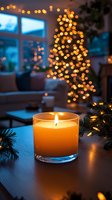 Glowing candle on wooden table with defocused Christmas tree lights creating warm atmosphere in cozy living room during holiday season.