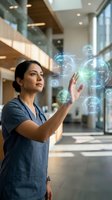 Female healthcare professional interacting with futuristic holographic interface displaying medical data in modern hospital corridor for digital health innovation.
