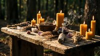 Mystical altar setup with burning candles, crystals, herbs and ritual bowl on wooden table in forest setting for spiritual ceremonies and meditation.