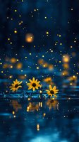 Yellow sunflowers reflecting in water against dark blue background with glowing bokeh lights creating magical atmosphere for nature photography and design.