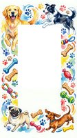 Watercolor dog frame with golden retriever, border collie, pug and dachshund surrounded by colorful paw prints, bones and toys on white background.