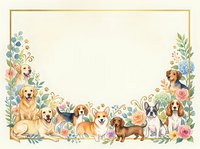 Adorable puppies and dogs of various breeds surrounded by watercolor floral border frame on cream background for pet-themed designs and greeting cards.
