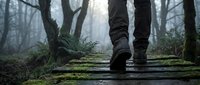 Person wearing black hiking boots walking on moss-covered wooden boardwalk through misty forest with bare trees. Outdoor adventure and nature exploration.