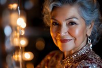 Elegant senior woman with silver hair smiling warmly, wearing traditional embroidered dress and earrings against soft bokeh lights background, radiating confidence and joy.