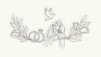 Continuous line drawing of wedding couple with floral elements and dove on beige background for romantic invitations and ceremony decorations.
