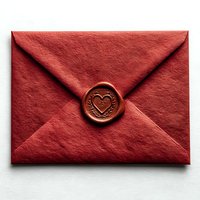 Red textured envelope sealed with bronze wax stamp featuring heart design for romantic correspondence and wedding invitations.