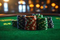 Stacks of colorful poker chips on green felt table with soft bokeh lights in background, creating atmospheric casino gaming ambiance. Professional gambling setup.