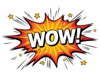 Comic book explosion burst with WOW text in bold letters surrounded by dynamic action lines and stars on white background for graphic design projects.