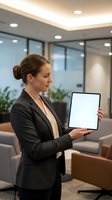 Caucasian businesswoman in dark blazer holding tablet with blank screen in modern office lobby with plants and contemporary lighting.