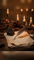Vintage writing desk with quill pen, old parchment, burning candles in brass holders, antique inkwell and dried roses creating atmospheric medieval scene.