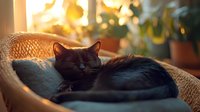 Peaceful black cat sleeping in wicker chair with soft cushions during golden hour sunset, creating cozy home atmosphere with bokeh light effects in background.