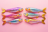 Colorful metallic fish with iridescent scales and golden fins arranged in rows on pink background, isolated and ready for design projects like posters, textiles, and decorative applications.