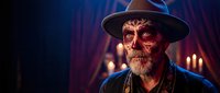 Elderly Caucasian man with intricate red face paint and hat in atmospheric candlelit setting for Halloween horror themed projects and spooky storytelling.