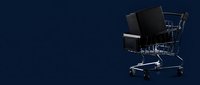 Shopping cart with black gift box on dark blue background, representing e-commerce, online retail, and holiday sales concepts for web and marketing use.