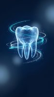 Glowing transparent tooth with swirling energy particles on dark blue background for dental care and oral health concepts.
