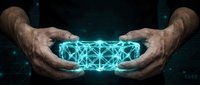 Male hands holding glowing digital network mesh structure against dark background, representing technology, connectivity, innovation, and data management for business solutions.