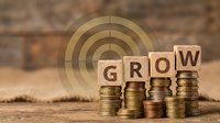 Wooden blocks spelling GROW on stacks of coins with target background symbolizing financial growth and investment success strategy.