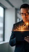 Professional businessman analyzing financial growth data on tablet with glowing chart graphics in modern office environment for business analytics presentations.