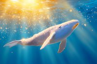 Majestic blue whale swimming in sunlit ocean depths with glowing particles and rays of light creating ethereal underwater atmosphere. Suitable for nature publications.