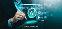 Businessman touching holographic artificial intelligence interface with glowing icons and futuristic technology elements on dark background.
