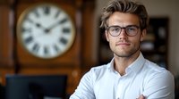 Professional businessman with glasses and crossed arms in modern office with vintage clock for corporate presentations and business success concepts.