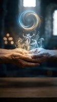 Hands releasing glowing ethereal energy with swirling light orb above, symbolizing magic, spirituality, healing power and transformation for wellness and mystical concepts.