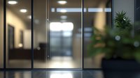 Modern office entrance with frosted glass doors and decorative plant, illuminated by ceiling lights creating soft reflections and professional atmosphere.