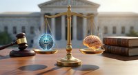 Golden scales of justice balancing AI technology symbol and human brain with gavel and law books against courthouse backdrop representing legal ethics debate.