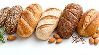 Fresh artisan bread rolls with various seeds and nuts on white background, crusty baked goods assortment with almonds and rosemary, isolated food photography.