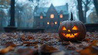 Glowing jack-o-lantern pumpkin with carved face sits on autumn leaves with spooky haunted house in misty background for Halloween celebration and decoration.