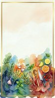 Watercolor cooking ingredients and kitchen utensils arranged on colorful wash background with gold frame border, suitable for recipe blogs, culinary websites, and food-related design projects.