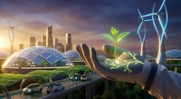 Hands holding green plant sprout with renewable energy cityscape featuring solar panels and wind turbines at sunset for sustainable development.