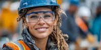 Smiling African American female construction worker wearing blue hard hat and safety glasses on busy job site with blurred workers in background.