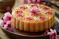 Elegant mooncake with delicate pink cherry blossoms on brown ceramic plate, traditional Asian pastry decorated with floral pattern and golden glaze.