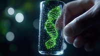 Glowing green DNA helix structure in glass container held by scientist against dark background with bokeh lights, representing genetic research and biotechnology.