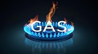 Burning gas stove with blue flame and text GAS on dark background with reflection, conceptual composition about energy consumption and natural resources.