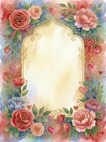 Ornate floral frame with red and pink roses, peonies, and decorative hearts surrounding a blank cream center space. Watercolor style with gold scrollwork border, ideal for invitations, greeting cards, and romantic design projects.