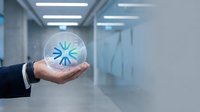 Loading symbol in glowing sphere held by businessman hand in modern office corridor, representing data processing, technology innovation, and digital transformation for business solutions.