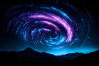 Spectacular spiral galaxy formation in night sky with vibrant blue and purple colors swirling above silhouetted mountain range landscape against starry background.