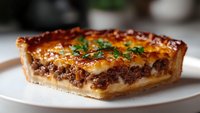 Homemade quiche with ground beef filling, melted cheese topping and fresh herbs on white plate. Golden brown pastry crust and creamy egg custard create appetizing layers.