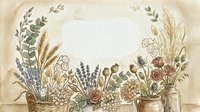 Vintage botanical arrangement with dried flowers, grasses, and herbs in earthy tones, featuring lavender, wheat, and roses in ceramic vessels on aged background for home decor and design projects.