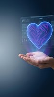 Hand holding glowing neon heart with circuit pattern floating above palm in futuristic digital healthcare technology concept for wellness applications.