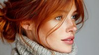 Young redhead woman with freckles wearing cozy knit sweater, natural beauty portrait with messy bun hairstyle and blue eyes for lifestyle content.