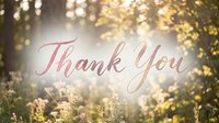 Elegant thank you message in rose gold script overlaying serene wildflower meadow with golden sunlight filtering through trees, suitable for greeting cards and gratitude designs.