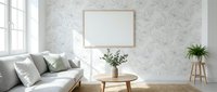 Modern minimalist living room interior with blank white frame on marble wall, gray sofa, wooden coffee table and natural light from large windows.