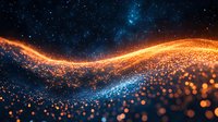 Glowing orange and blue particle wave with sparkles flowing through dark space, creating dynamic motion effect against starry background. Abstract digital art.